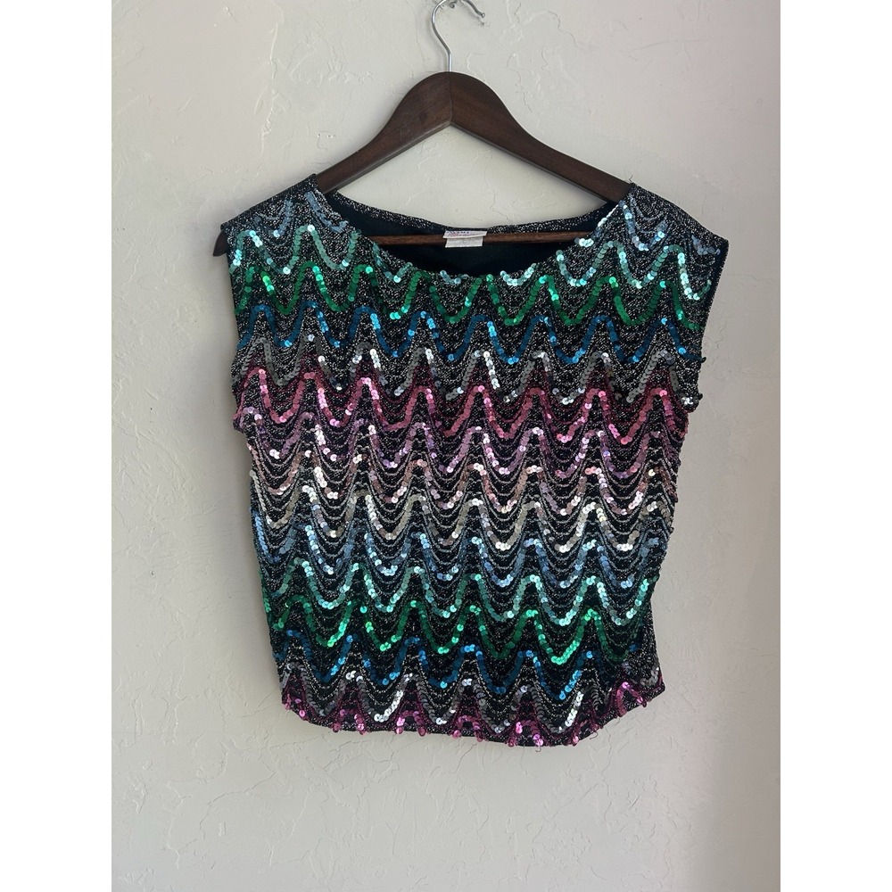Vintage 80s Avon Rainbow Sequin Top 6 Boxy Relaxed Crop Glam Sparkle